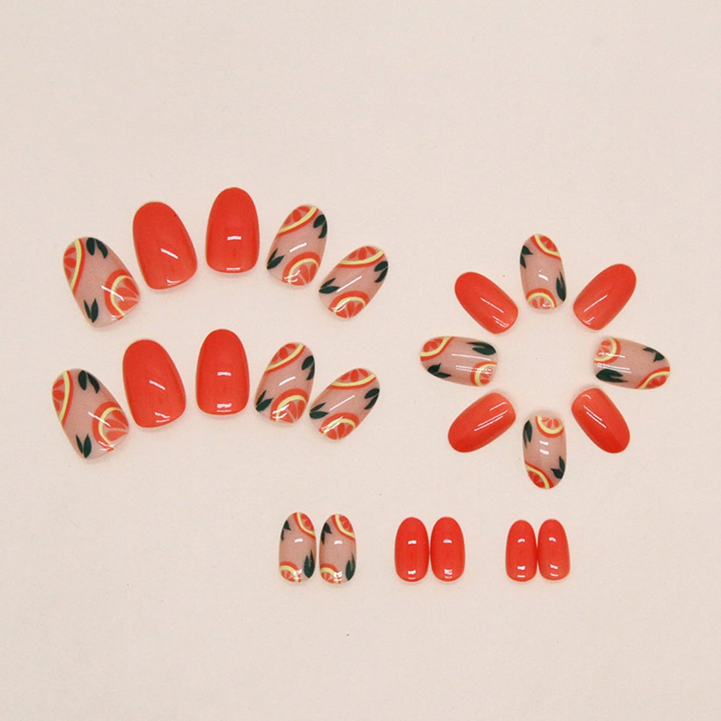 Orange Press on Nails Oval Short Fake Nails Glossy False Nails With Pomelo Designs Full Cover Stick on Nails Reusable Acrylic Artificial Nails Glue on Nails for Women Nail Art Decorations 24Pcs