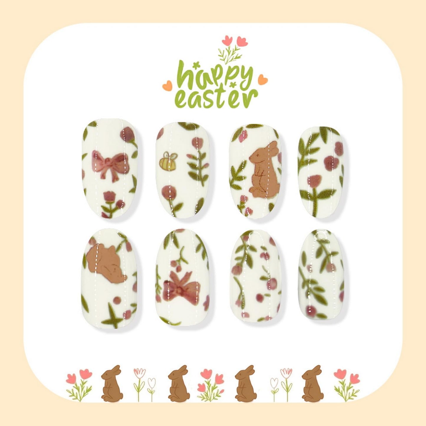 Easter Press on Nail Short Almond Shape Fake Nails with Cute Bunny Bow designs Flower False Nails White Stick on Nail Glossy Full Cover Acrylic Glue on Nails for Women Manicure24pcs