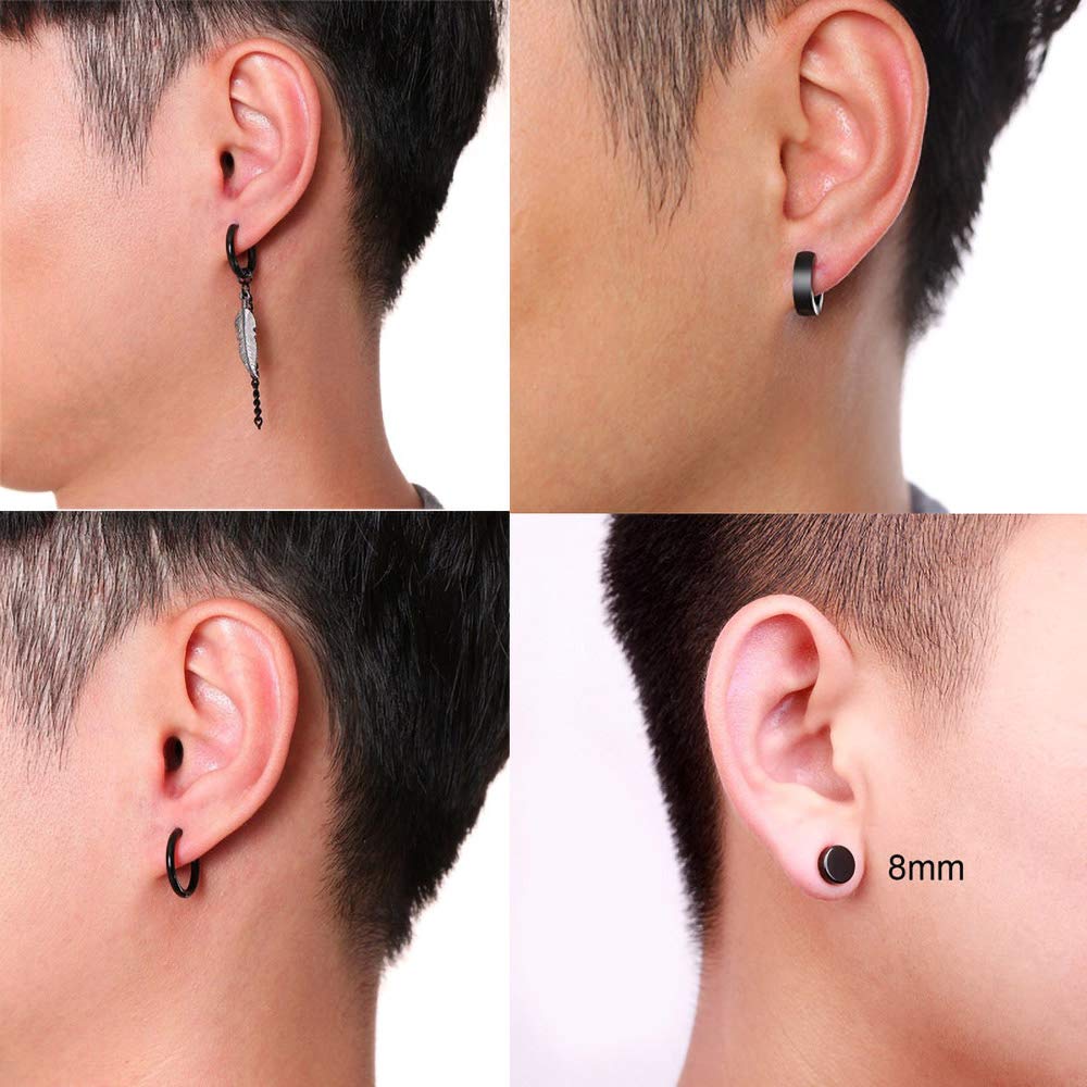 WAINIS 12 Pairs Stainless Steel Non Pierced Earrings for Men Women Magnet CZ Clip on Feather Dangle Earrings Set 8mm