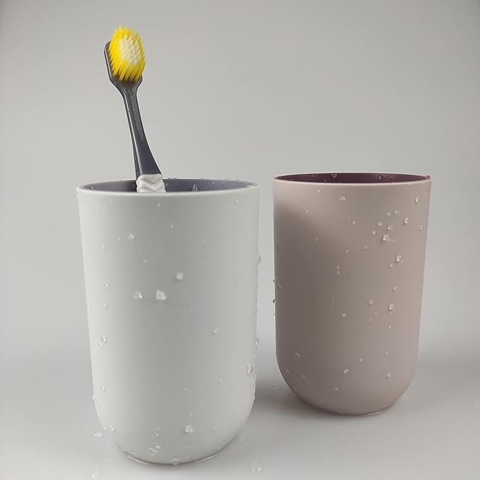 Unbreakable Reusable Drinking Cups Set of 2 Colors, Plastic Toothbrush Cup Tumblers 300 ml/10.5 oz, Dishwasher Safe (Light pink & Light gray)