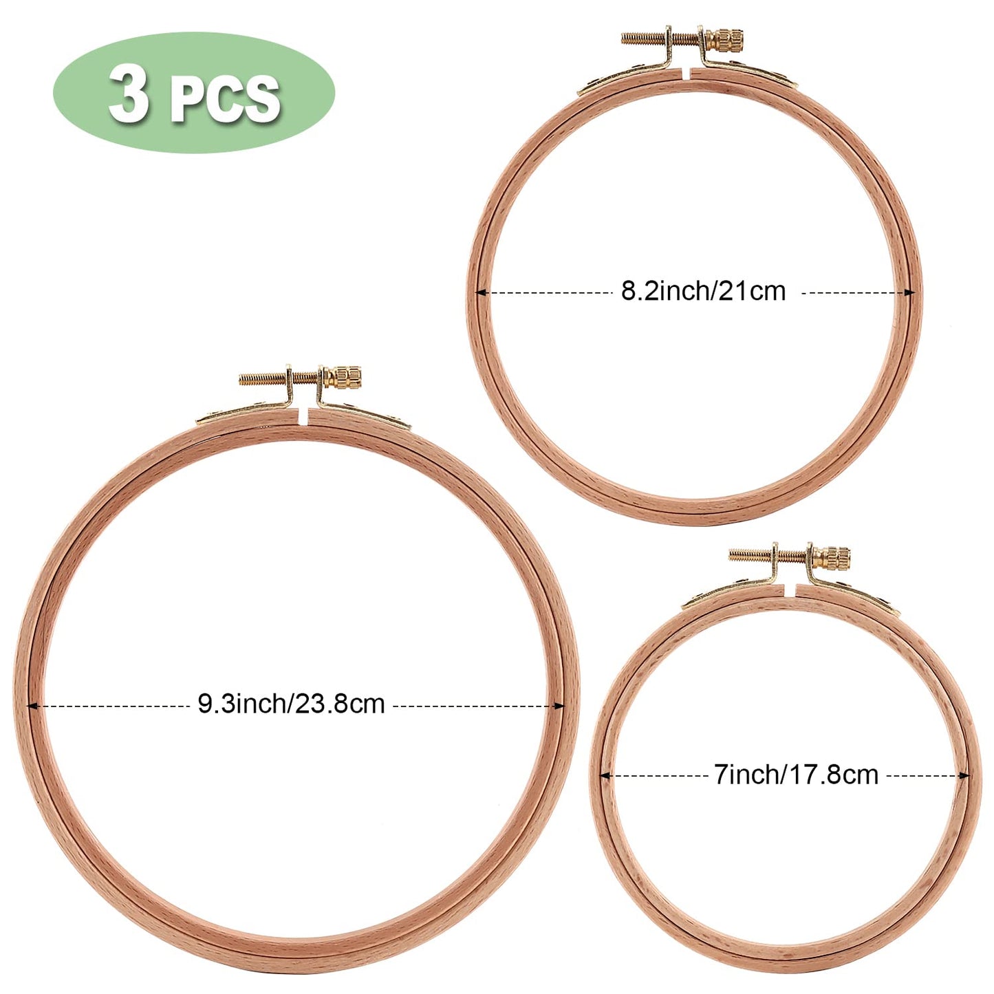 Sherbo 3 Pieces Beech Wood Embroidery Hoops Set By 7 Inch to 9 Inch Circle Hoop Ring Cross Stitch Cotton for Diy Embroidery Floss Starter of Sewing Art Kits Crafts (BeechHoop 7-9)