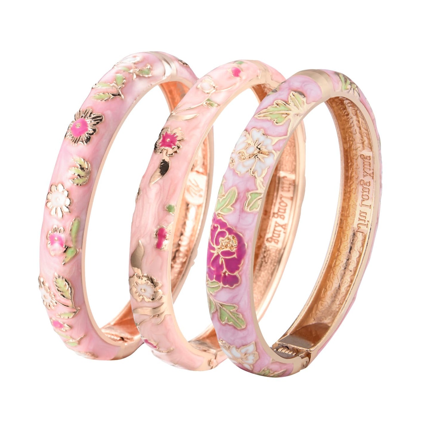 UJOY Womens Enameled Cloisonne Bracelet Gold Plated Flower Enameled Hinged Cuff Bangles Jewelry Gift 55A-3PCS Pink