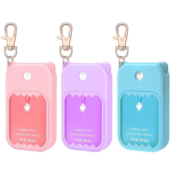 3Pcs Hand Sanitizer Spray Case for Touchland Silicone Touchland Case Keychain Cute Hand Sanitizer Spray Holder Compatible with Touchland Power Mist Gentle Mist Glow Mist (Pink & Purple & Blue)