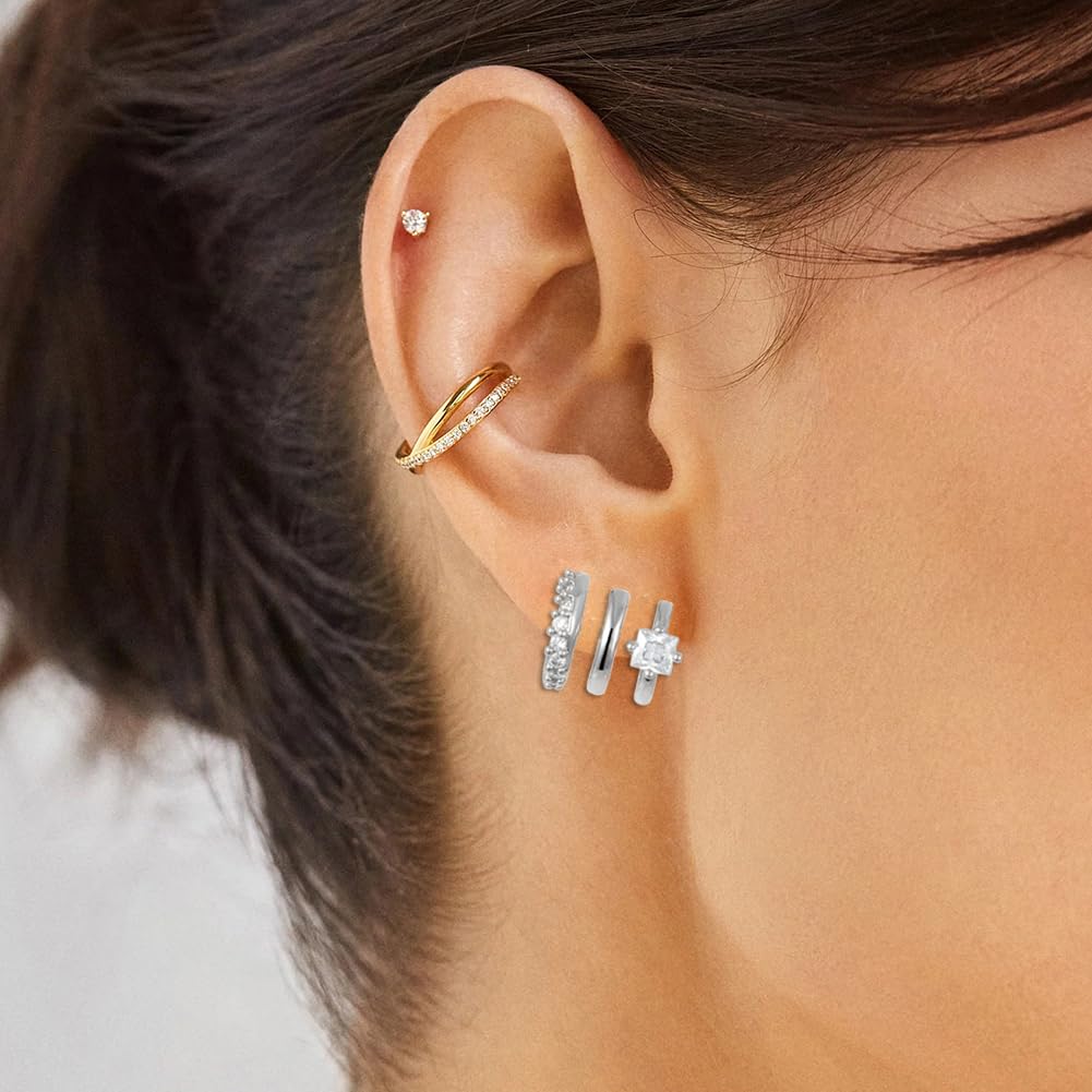 Obidos 14K Gold Plated Illusion Stud Earrings for Women | Triple Huggie Hoop Earrings for One Hole