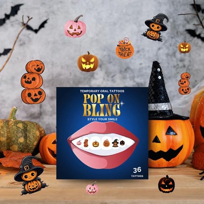 Halloween Tooth Bling Tattoo – Temporary Tooth Gem Kit for Teeth – Safe for Teens & Adults, Removable Fun Fake Tooth Tattoo Stickers for Halloween Costume, Party & Cosplay (Pumpkin)
