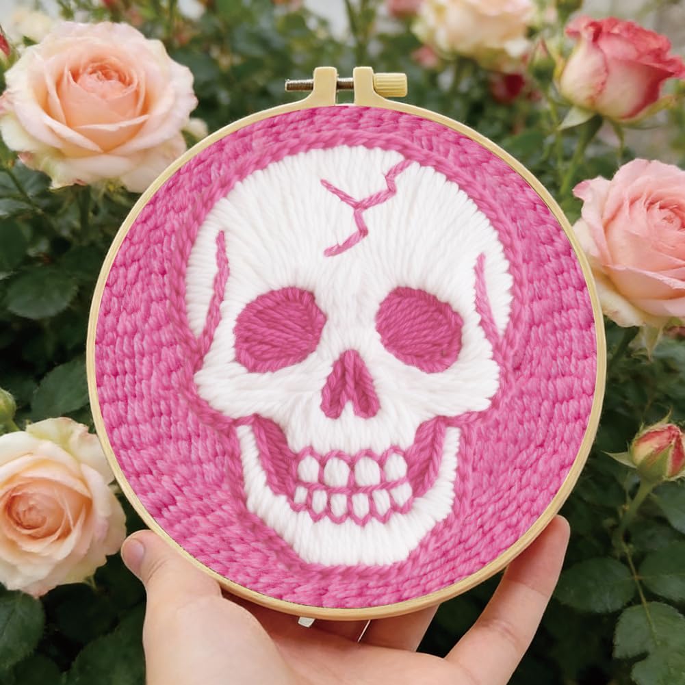 BEUNITONE Pink Skull Head Punch Needle Kit for Adults Beginners, Complete DIY Craft Needlepoint Kits with Hoop, Punch Needle Starter Craft Embroidery Set for Festival Gift and Cloth Home Decor 20x20cm