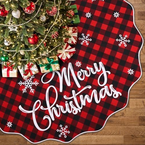 OurWarm 72 Inch Christmas Tree Skirt, Buffalo Plaid Tree Skirt for 7.5 ft Tree to 12ft Tree, Double Sided Burlap Tree Skirt Snowflake Xmas Tree Skirts for Winter Rustic Boho Farmhouse Tree Decor