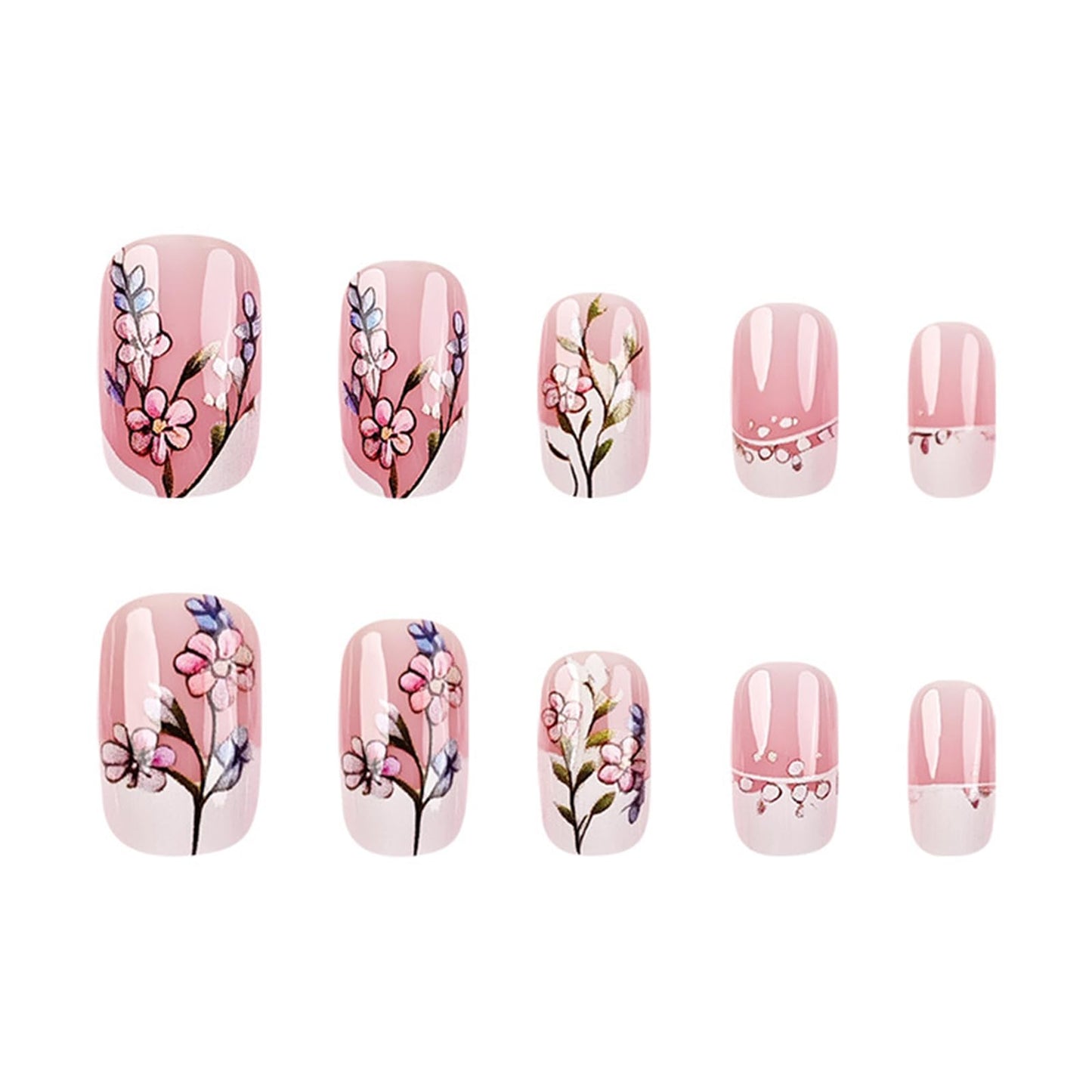 24pcs Flower Short Square Press on Nails White French Tips Fake Nails White Flower with Gradient Design False Nails Nude Glossy Full Cover Floral Artificial Stick on Nails for Women Manicure 24 Pcs
