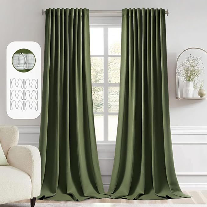 MIULEE Olive Green Back Tab Blackout Curtain 96 Inch Long 2 Panels Set for Bedroom, Rod Pocket/Pinch Pleat Thermal Insulated Living Room Darkening Pleated Light Blocking Floor to Ceiling Drape
