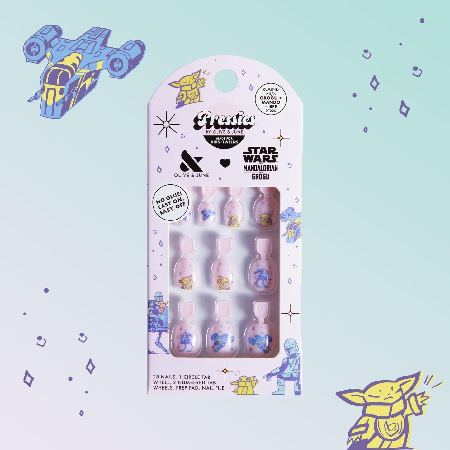 Olive & June Pressies Kids Press-On Nails (No Glue) | Star Wars: The Mandalorian & Grogu | 28 Fake Nails, 14 Sizes, 1 Nail File | Easy On-Off Mani Non-Toxic Tabs | XS/S, Round | Grogu + Mando = BFF
