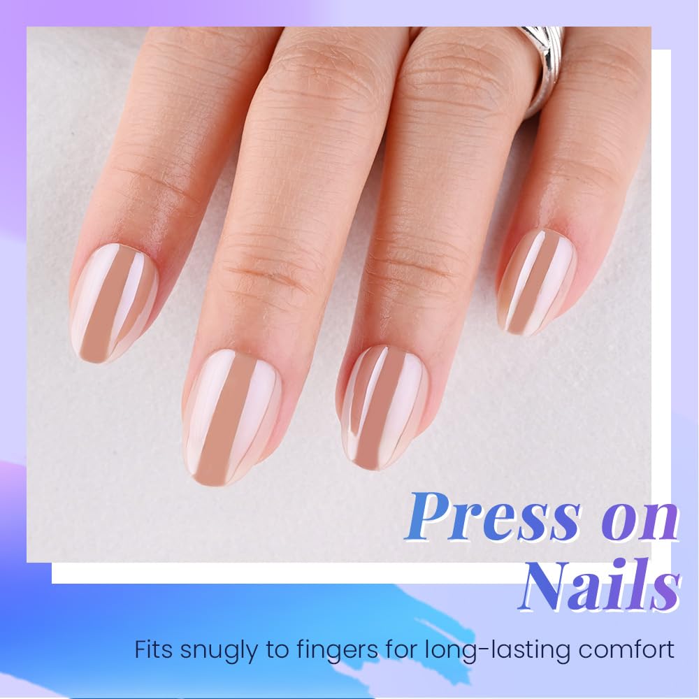 evpct Pale Nude Glazed Press on Nails Short Oval, Short Oval Chrome Metallic Aurora Stick on Nail for Women, Reusable Full Cover Soft Press on Fake Nail Perfectly Fit with Glazed Design Salon Quality