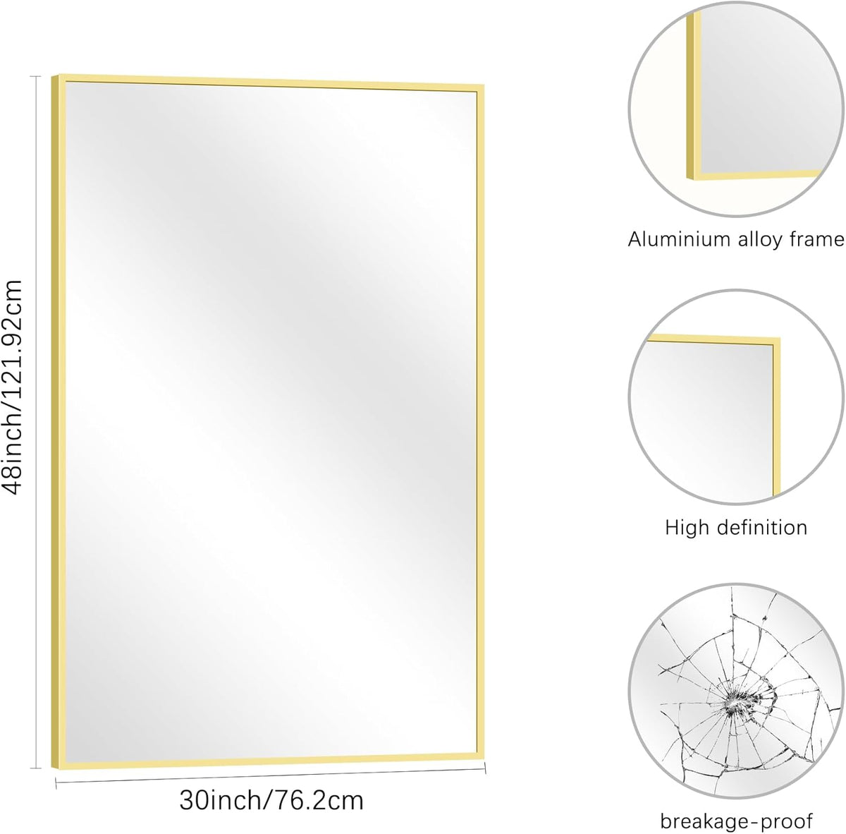 Gold Bathroom Mirror for Wall, 30x48 Inch Rectangle Mirrors with Metal Frame, Modern Vanity Wall Mirror Decor for Bathroom Living Room, Entryway Hangs Horizontal or Vertical
