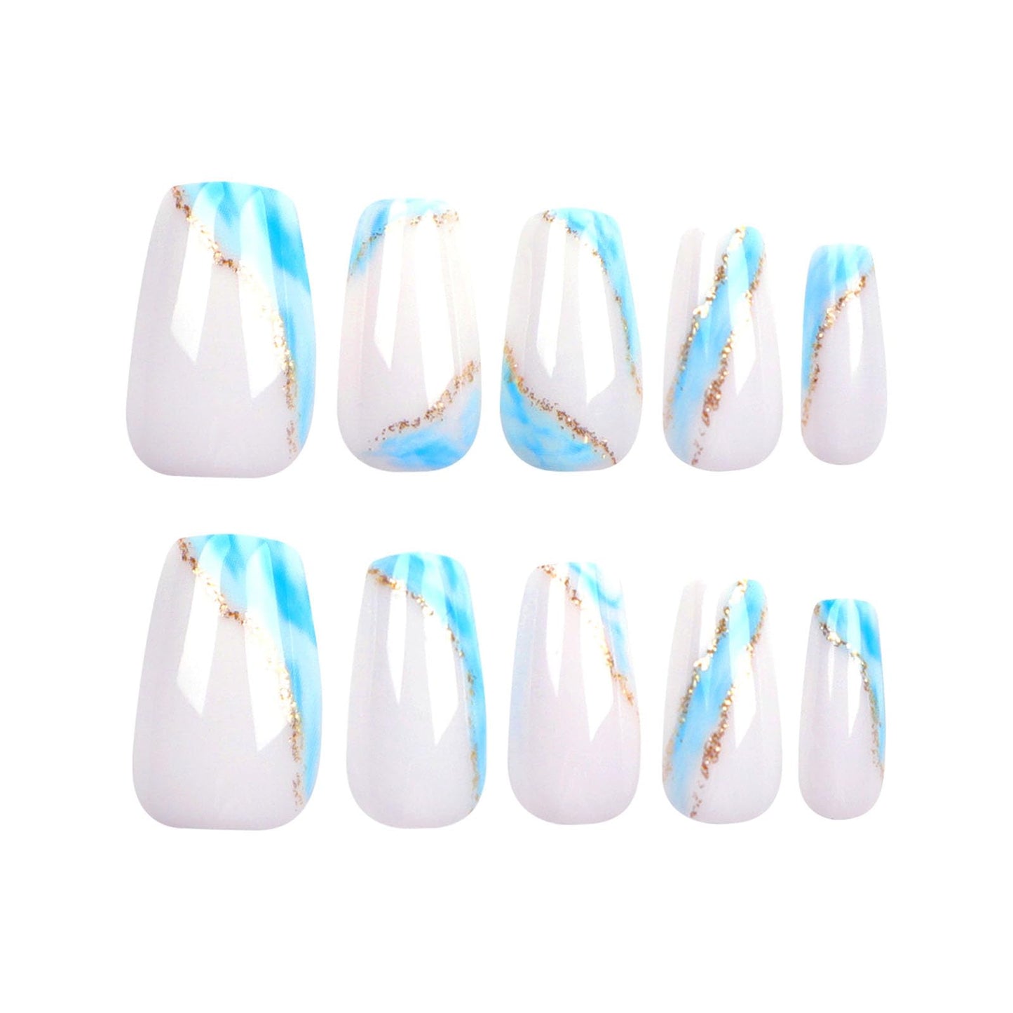 Press On Nails - Short Coffin False Nails with Glitter Designs, Glossy Finish, Blue & White, 24 Pcs