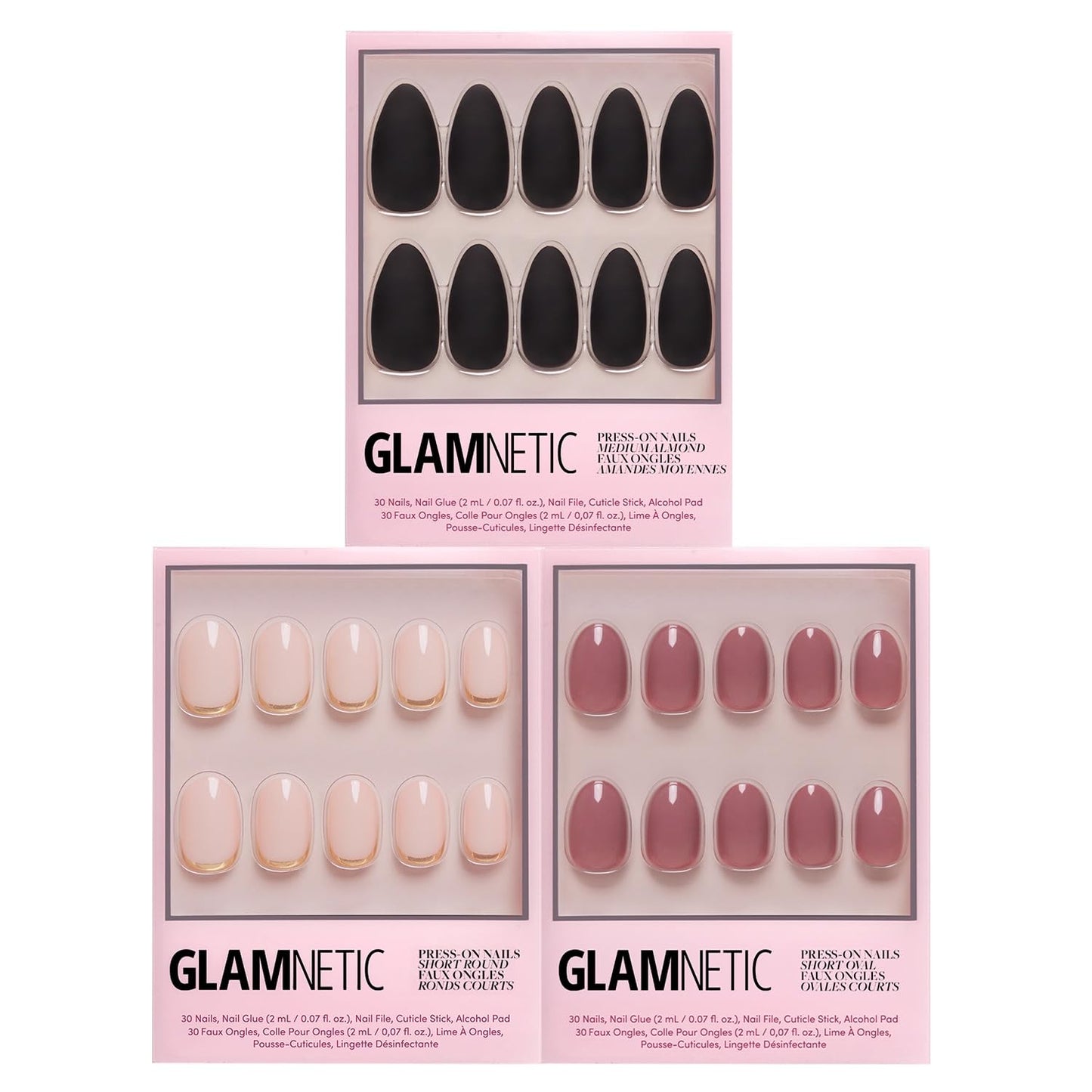 Glamnetic Press-On Nails Bundle - Red Bottom, Fall Mauve & Goal Digger | Red Accent Dual Side Medium Almond Fake Nails | Natural Short Round False Nails with Gold Foil | Muted Blush Mauve Short Oval F