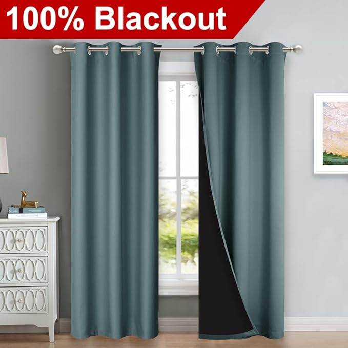 NICETOWN Greyish Blue Blackout Curtains 84 inches Long, Full Light Blocking Drapes with Black Liner for Nursery, Thermal Insulated Draperies for Hall, Villa (2 Pieces, 42" Wide Each Panel)