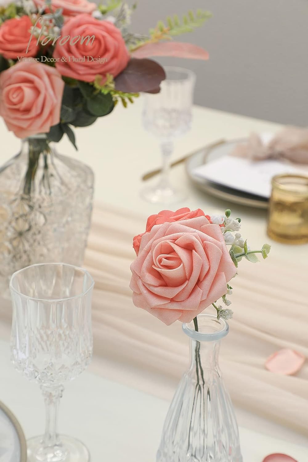 Floroom Artificial Flowers 25pcs Real Looking Mixed Living Coral Foam Fake Roses with Stems for DIY Wedding Bouquets Bridal Shower Centerpieces Floral Arrangements Party Tables Home Decorations