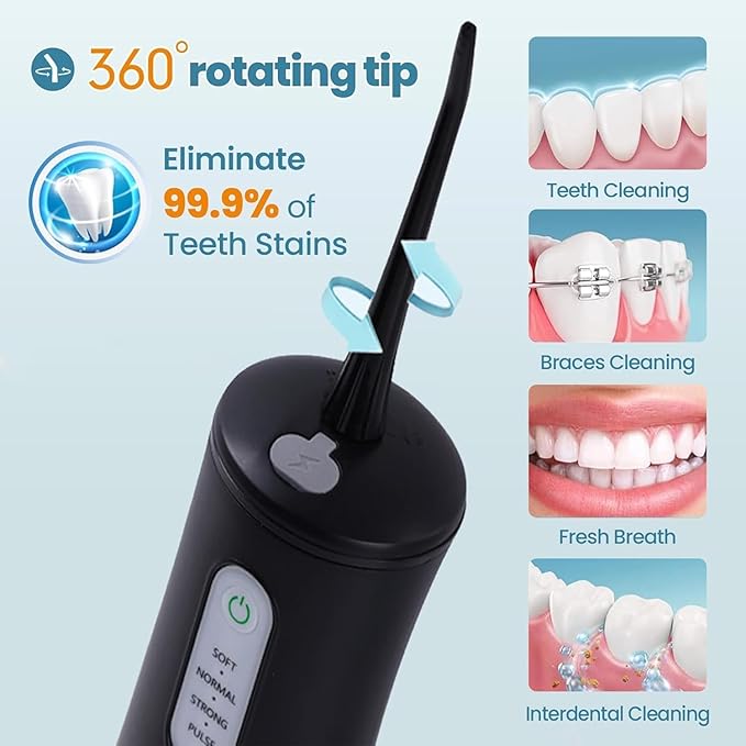Cordless Water Flosser for Teeth Cleaning Pick - Electric Dental Irrigator with 4 Cleaning Modes & 8 Jet Tips, IPX7 Waterproof, Portable Rechargeable Design for Home & Travel Use,Black