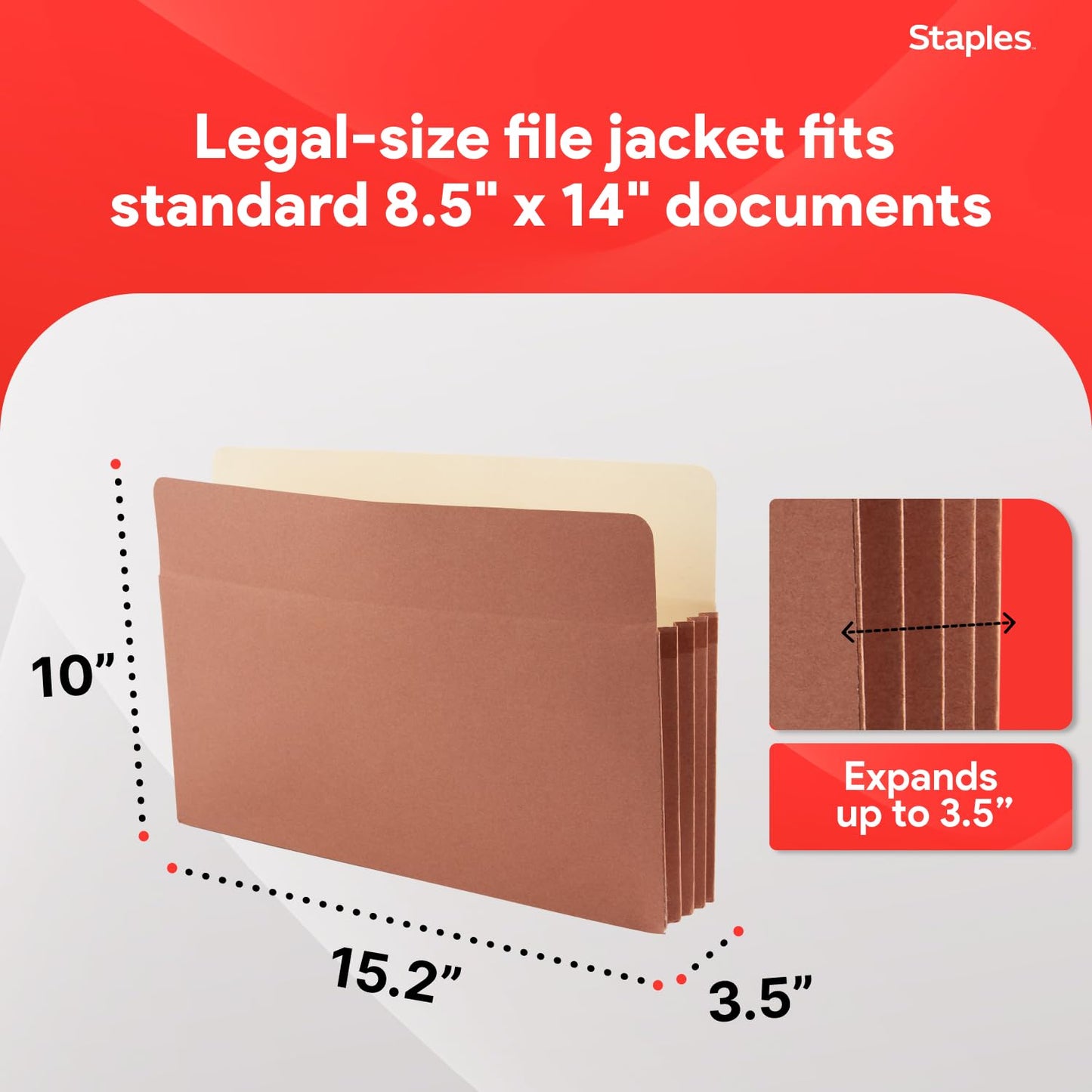 Staples Reinforced Expanding File Pockets, Legal Size, 3.5‑Inch Expansion, Heavy‑Duty Brown Accordion Folders – 25/Pack
