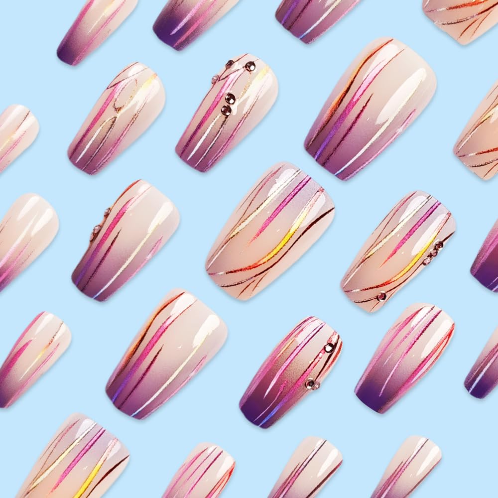 24 Pcs Magic Purple Gradient Press on Nails Medium Square Fake Nails Sparkly Curve Line with Diamonds Design False Nails Purple Gradient Acrylic Stick on Nails Glossy for Women Manicure Decoration