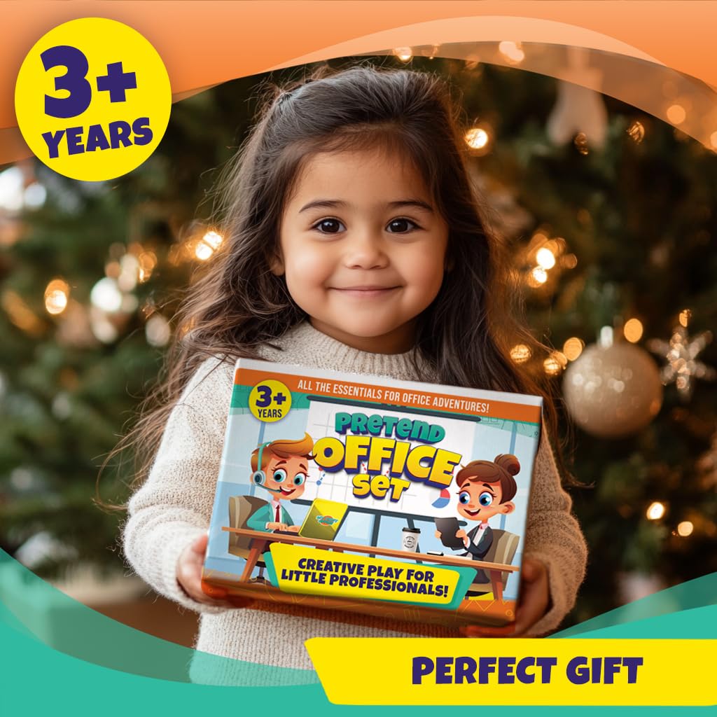 BLOONSY Pretend Play Home Office Set for Kids Ages 3-5-7 | Features Toy Laptop Computer, LCD Writing Tablet, Pop Fidget Calculator, Cell Phone, Headset & Toddlers Beverage Cup