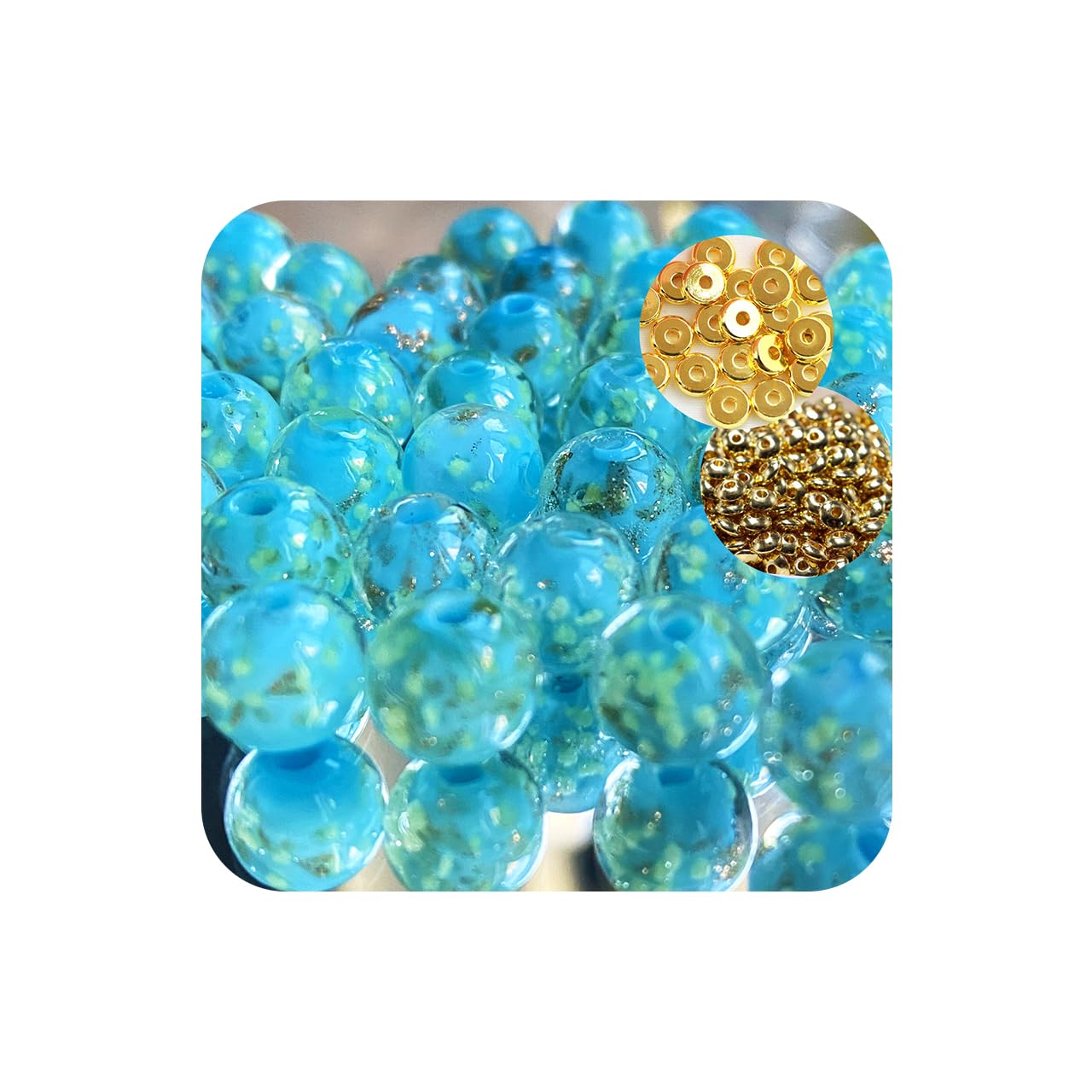 8mm 200pcs Glow in the Dark Glass Beads with Holes for Jewelry Making Bracelets Earrings Necklace Bulk Lampwork Solar Unique DIY Crafts Gold Spacer Beads Kit(100pcs Beads+100pcs Spacer)