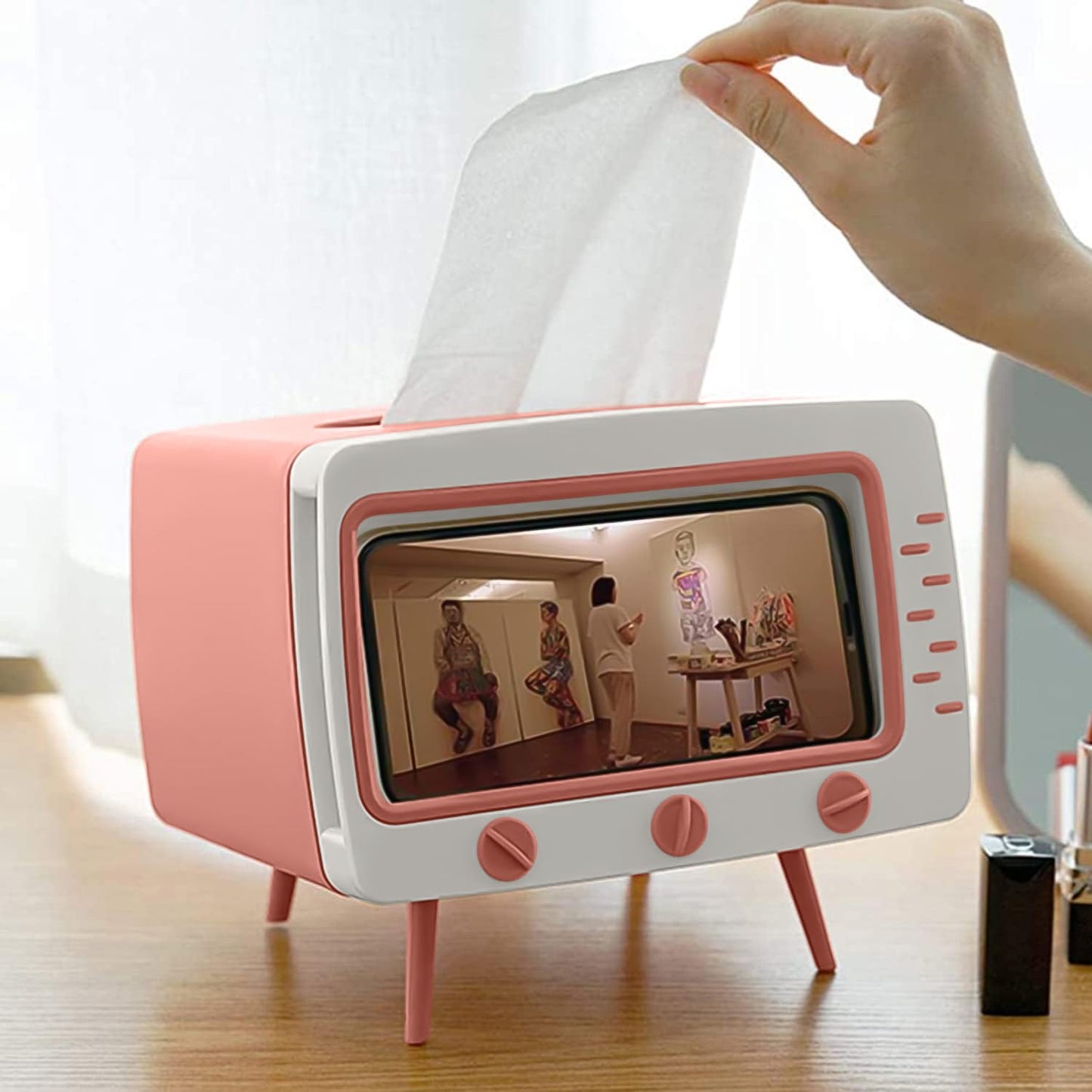SGVAHY Tissue Box Holder Retro TV Tissue Box Cover Cute and Practical Cell Phone Holder Tampon Holder for Bathroom Kitchen Bedroom Dressers Desks and Tables Night Stands Creative Gift (TV Pink)