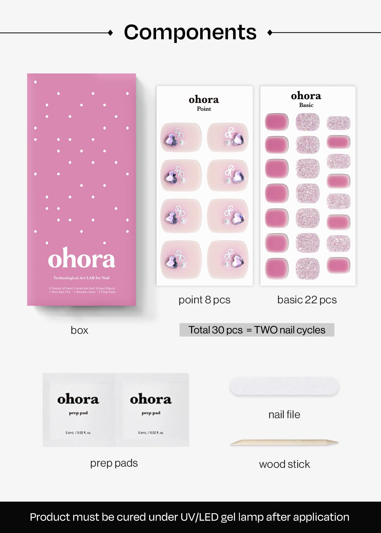 ohora Semi Cured Gel Pedi Strips (P Pink Bell) - Works with Any Lamps, Salon-Quality, Long Lasting, Easy to Apply & Remove - Includes 2 Prep Pads, Nail File & Wooden Stick