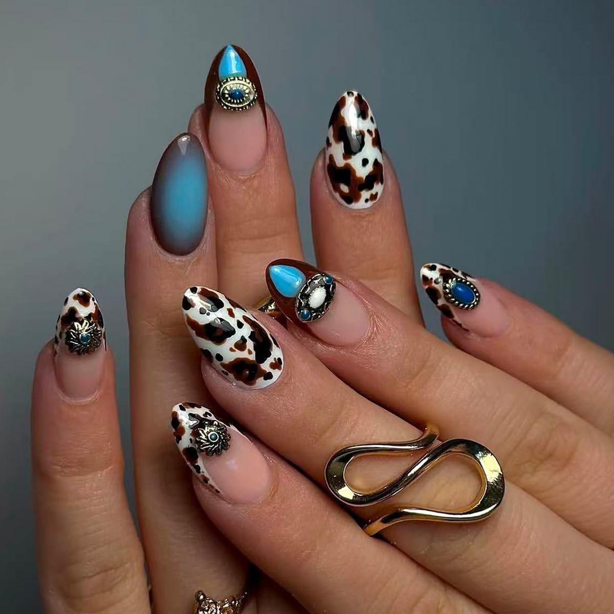 plalely Long Press on Nails Almond, Acrylic Press on Nails with Flower Designs, Long Almond Nail Tips for Women 24pcs