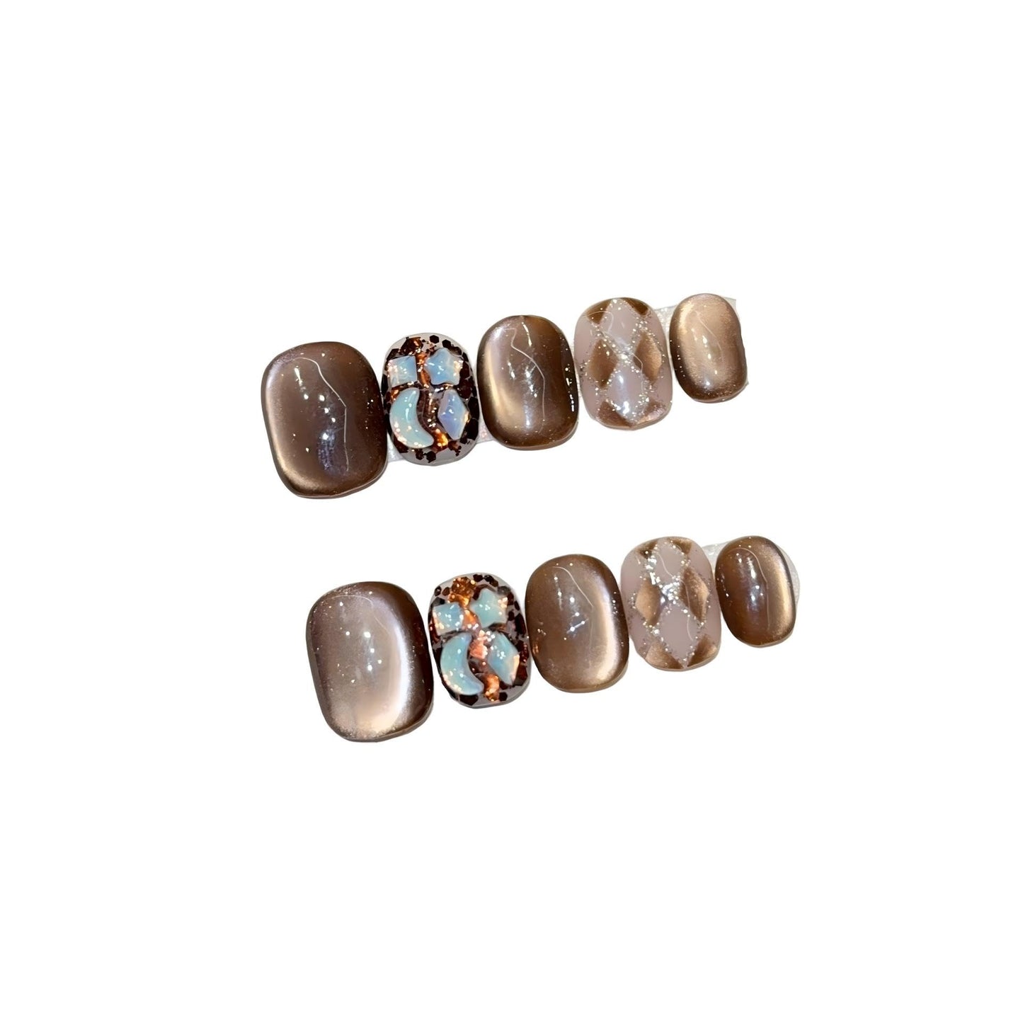 Mocha Brown Cat Eye Press On Nails, Opal Inlay Short Squoval Fake Nails, Reusable Manicure Set(S)