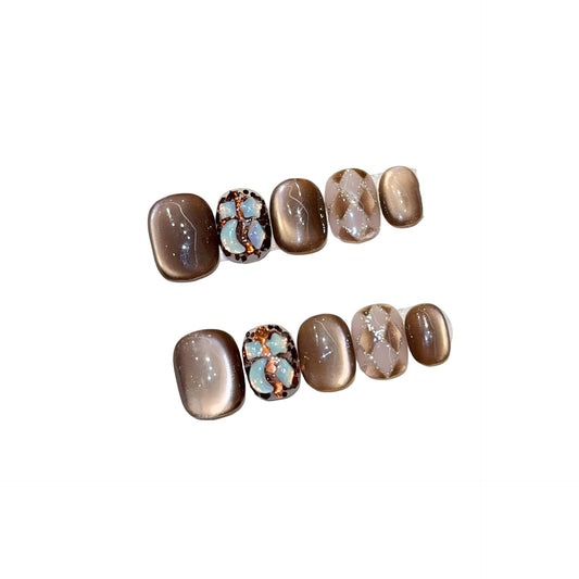 Mocha Brown Cat Eye Press On Nails, Opal Inlay Short Squoval Fake Nails, Reusable Manicure Set(S)