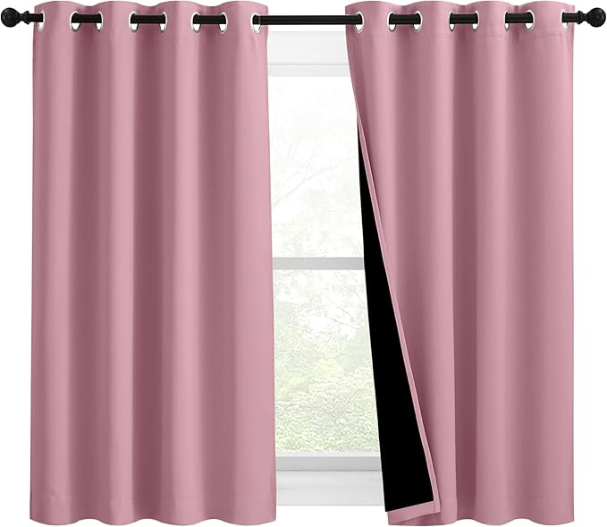 NICETOWN 100% Blackout Curtains with Black Liners, Solid Thermal Insulated Full Blackout 2-Layer Lined Drapes, Energy Efficiency Window Draperies for Bedroom (2 Panels, 46" W by 54" L, Crystal Pink)