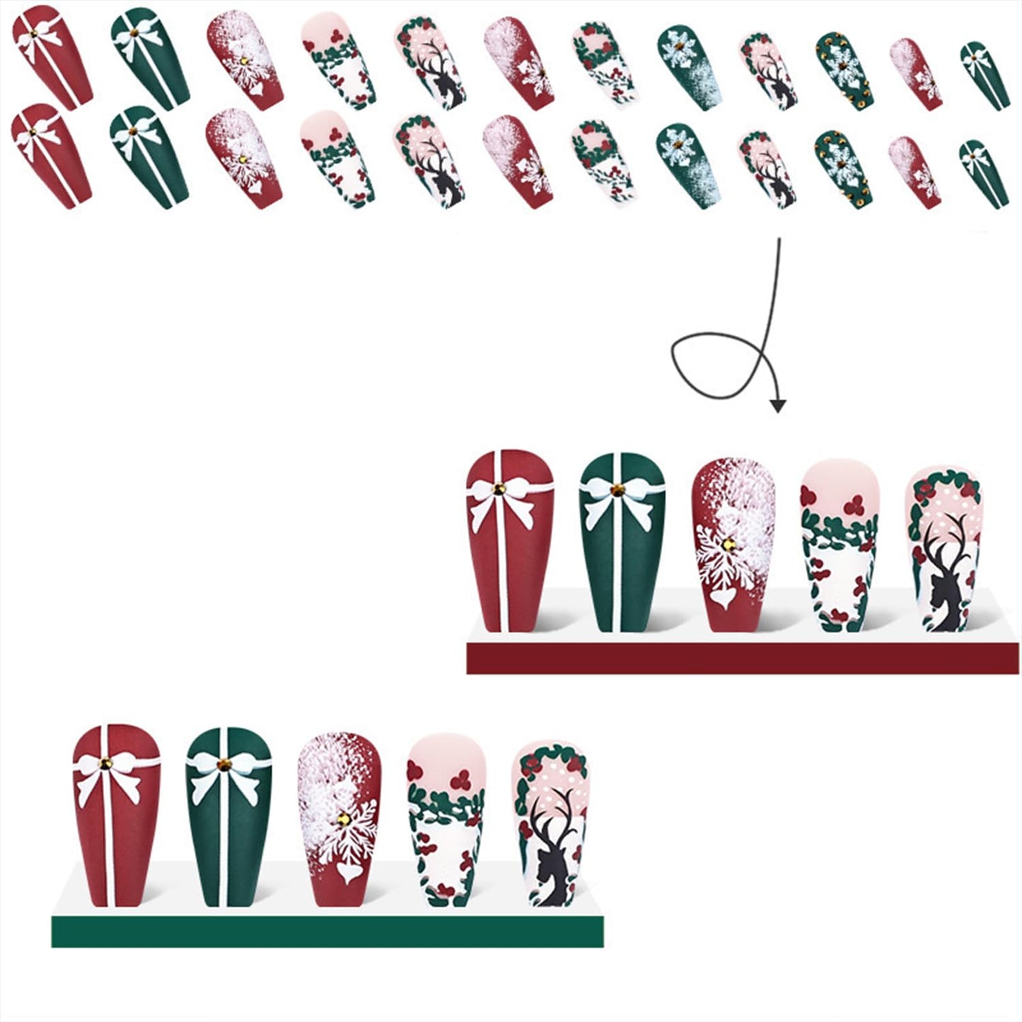 Christmas Press on Nails Medium Coffin Fake Nails With Elk Snowflake Bow Designs Xmas Red Green Matte False Nails Full Cover Stick on Nails Winter Artificial Nails for Women Glue on Nails 24 Pcs