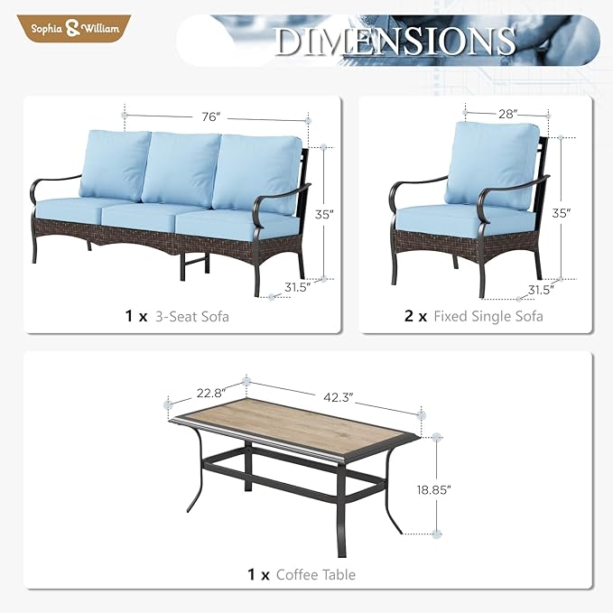 Sophia & William Patio Furniture Set, 4 Piece Metal Outdoor Conversation Set with 3-Seater Outdoor Couch, 2 Sofa Chairs, 1 Coffee Table for Outdoor Seating, Backyard, Porch(Blue)