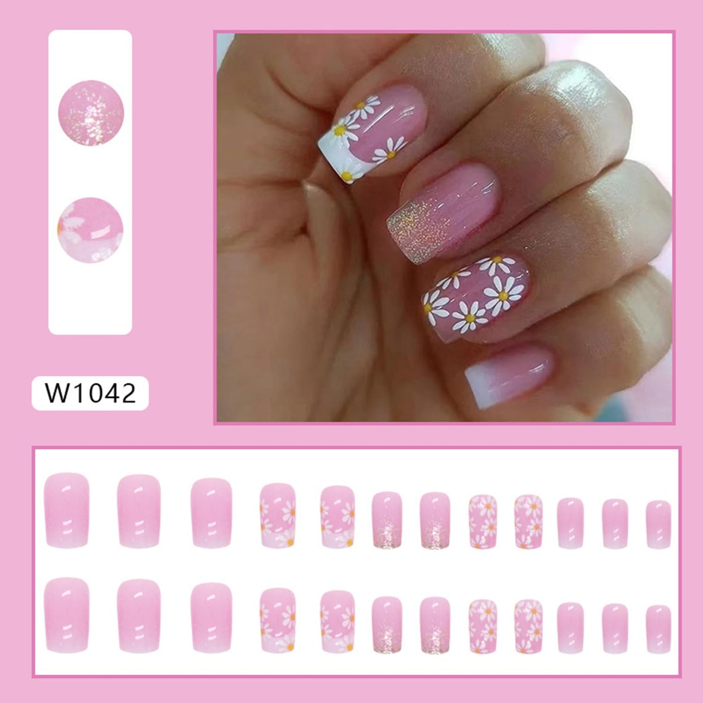 White Flower French Tip Press on Nails Square Medium Length Fake Nails Pink Gradient False Nails with Glitter Design Glossy Full Cover Artificial Nails Reusable Stick on Nails Glue on Nails for Women