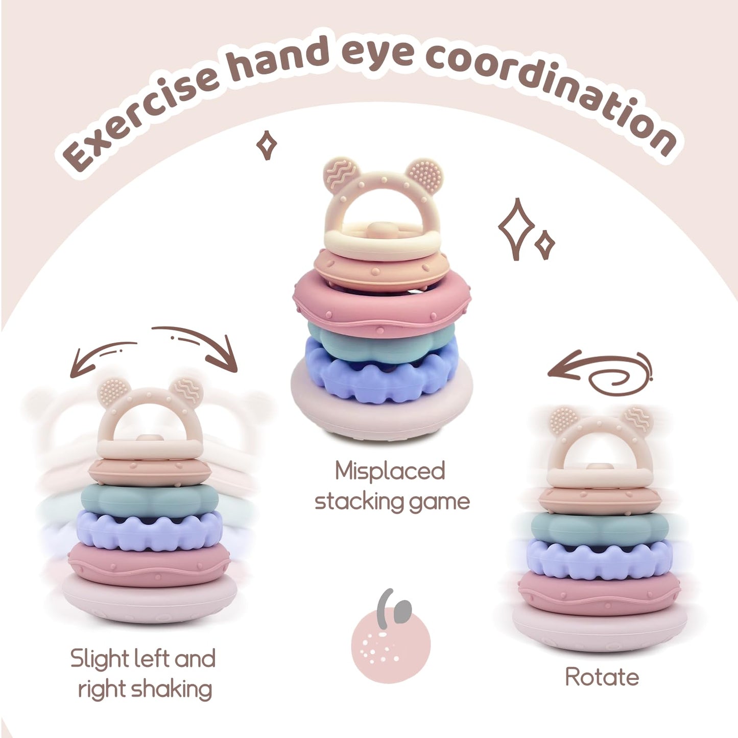CuddleCubs Creations Baby Bear Teething & Stacking Toy Set - Teething Toys Silicone Teethers, Soft Baby Stacker Rings Teether, Learning Toy Gift for Boys and Girls 6+ Months (Beige)