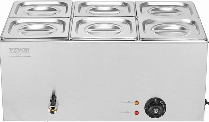 VEVOR 6-Pan Commercial Food Warmer, 14.3QT Electric Steam Table, 1200W Professional Countertop Stainless Steel Buffet Bain Marie with 86-185°F Temp Control for Catering and Restaurants, Silver