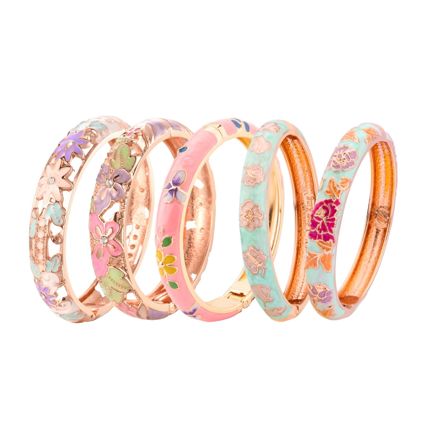 UJOY Bangles 5 Pcs Enamel Jewelry Set Rose Gold Flower Engraved Cloisonne Bracelets Pack in a Box 5PCS green pink white