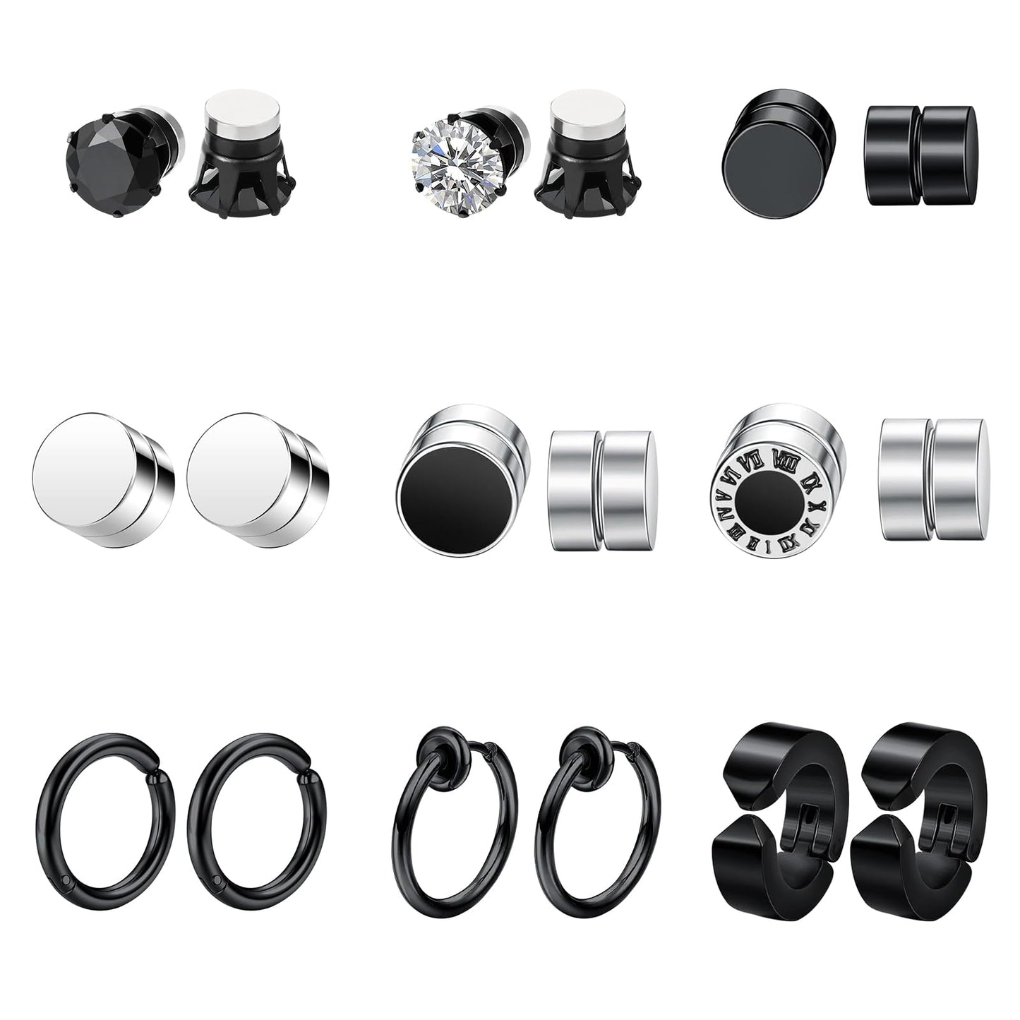 Non-piercing Magnetic Punk Earrings Set: 18PCS Stainless Steel Fake Cheater Studs Clip On Jewelry Set for Men Women