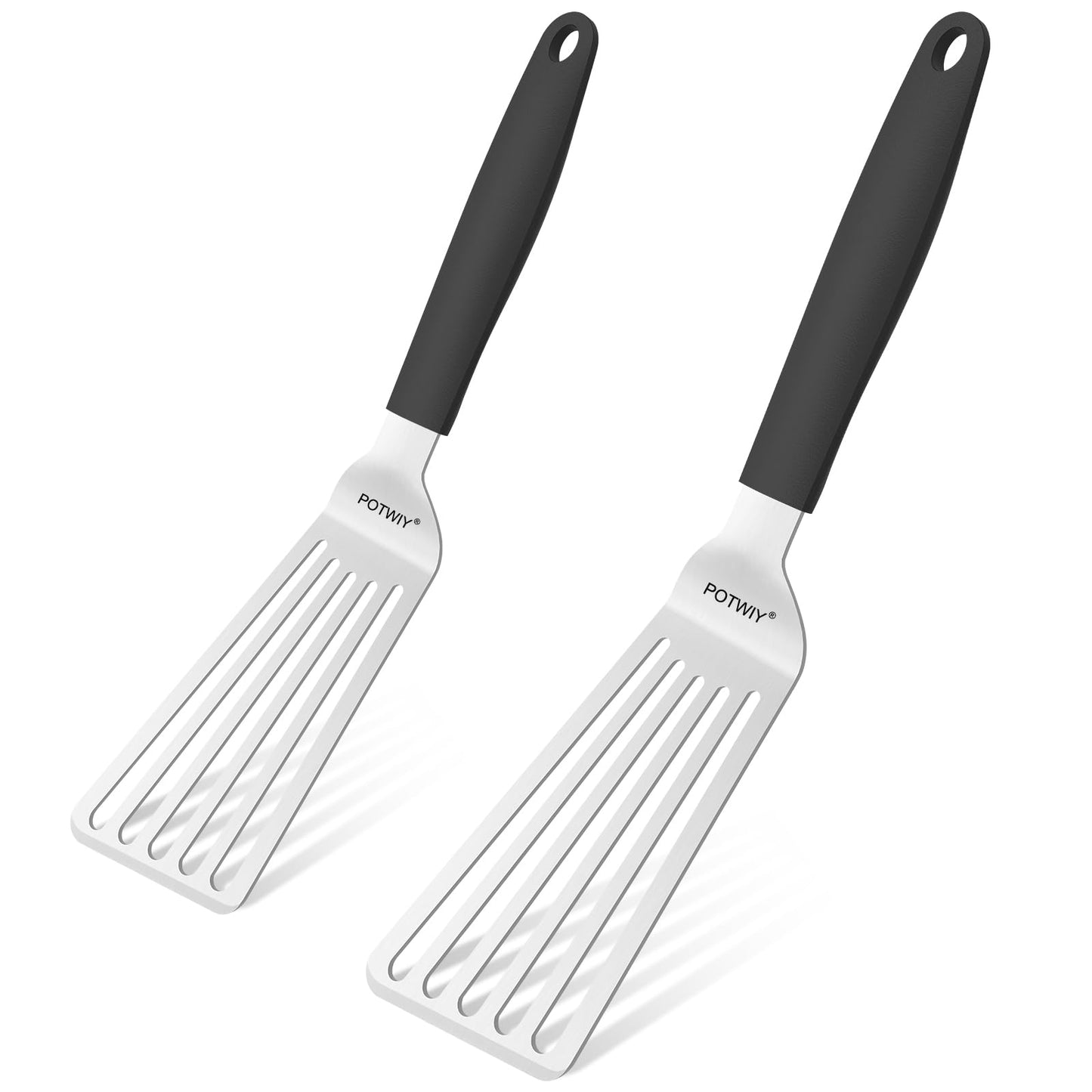 POTWIY Stainless Steel Spatula Set, 13.3" Large & 11.3" Small Slotted Fish Turner with Silicone Handle, Metal Spatulas for Kitchen, Grilling, Cooking Utensils Flipper for Fish, Egg, Pancake (2 Pack)