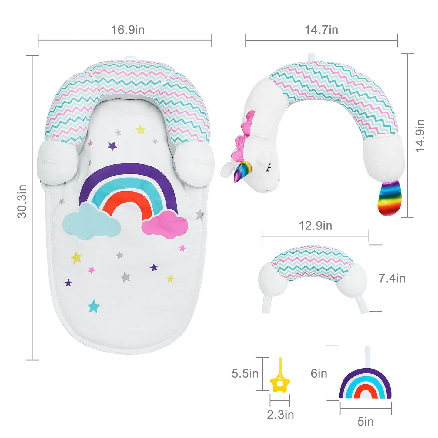 Lovvie & Joy 2-in-1 Tummy Time Mat & Seated Support Pillow,Baby Tummy Time Pillow Support for Newborns and Older Babies,with Detachable Support Pillow and Toys