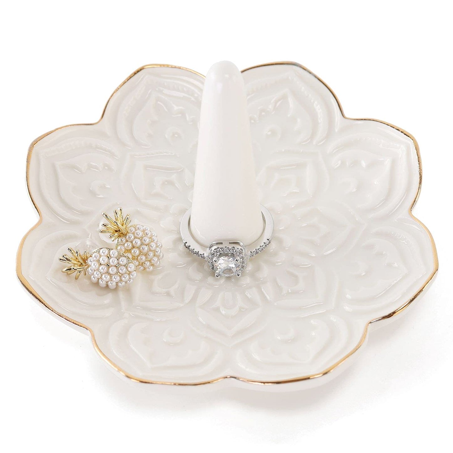 RUIMIC Ceramic White Mandala Jewelry Holder Decorative Ring Holder/Trinket Tray Engagement Wedding Birthday Gifts for Women Her