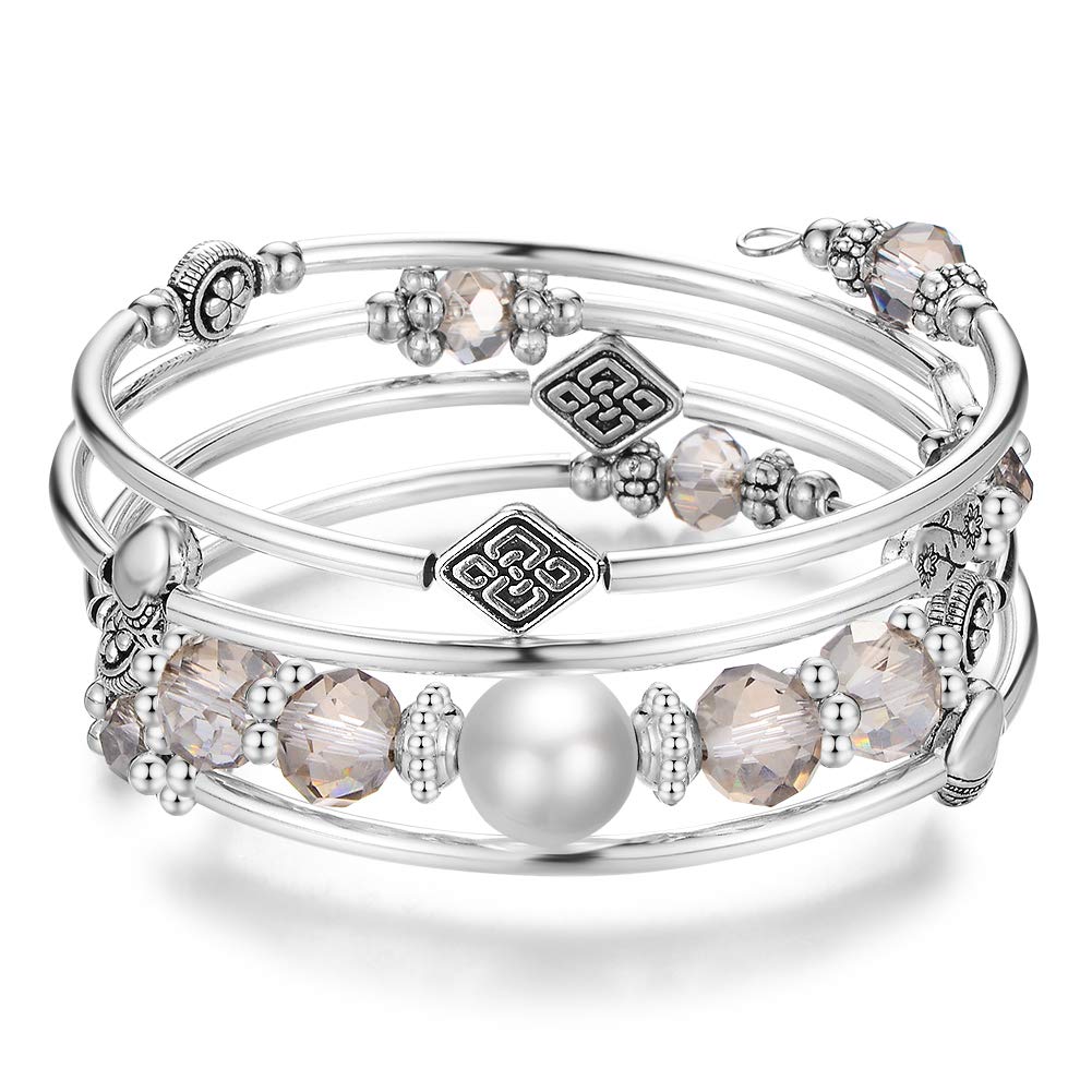 BULINLIN Bead Wrap Bangle Pearl Bracelet - Silver Metal Bracelet Gifts For Women(04-Transparent gray)
