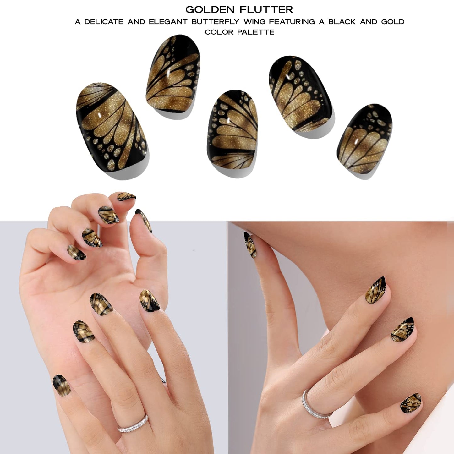 Semi Cured Gel Nail Strips with 30 Pieces–UV Gel Nail Stickers & Nail Wraps, Complete Manicure Kit Includes Prep Pads, Nail File and Wooden Stick, Easy Application, UV Light Required (Golden Flutter)