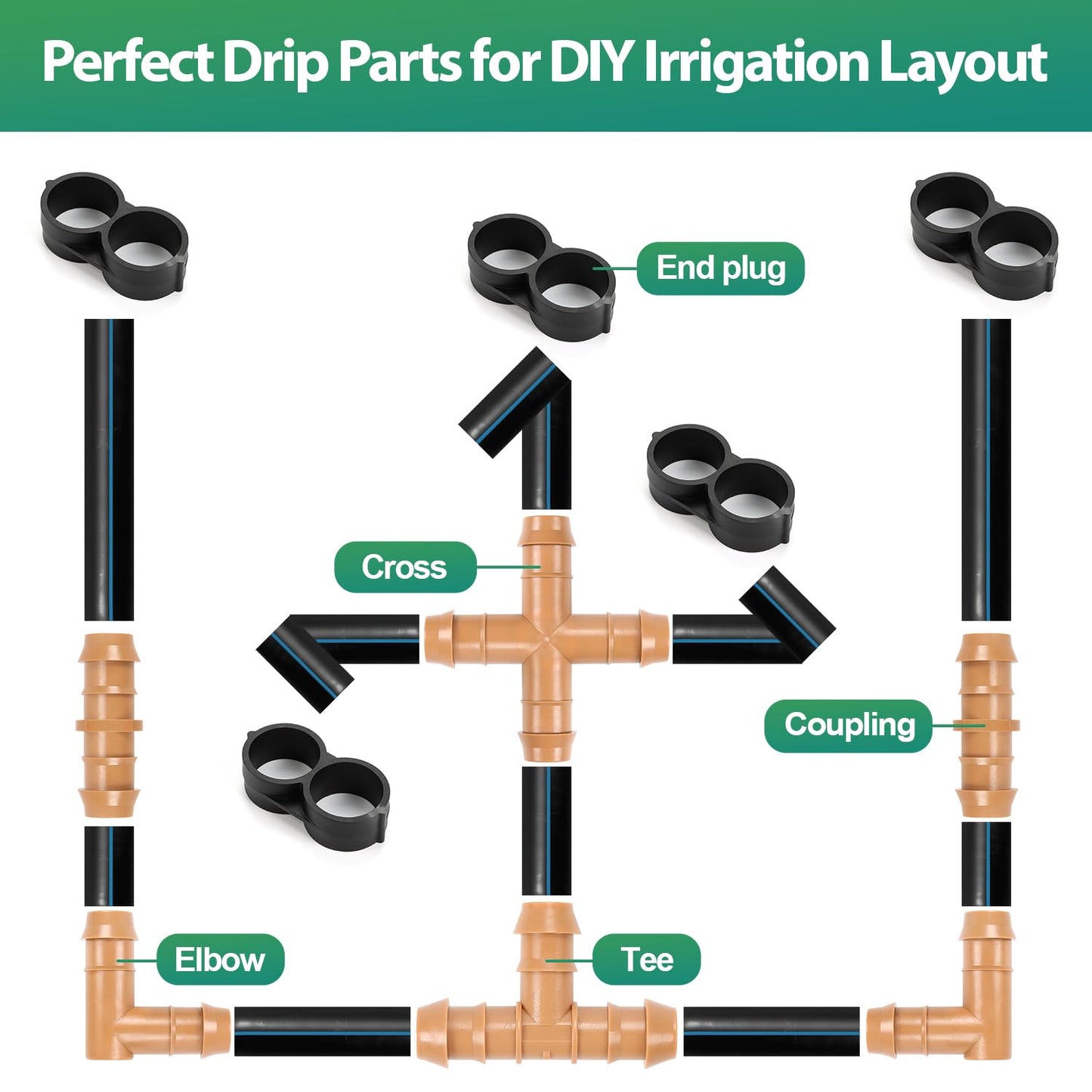 RedChili 12 Pcs 1/2 Inch Irrigation Tubing Cross Tee Fittings, 1/2" Drip Irrigation Barbed 4 Way Tee Connectors Fits 5/8", 1/2", .700" Drip Tubing for Garden Lawn Irrigation System