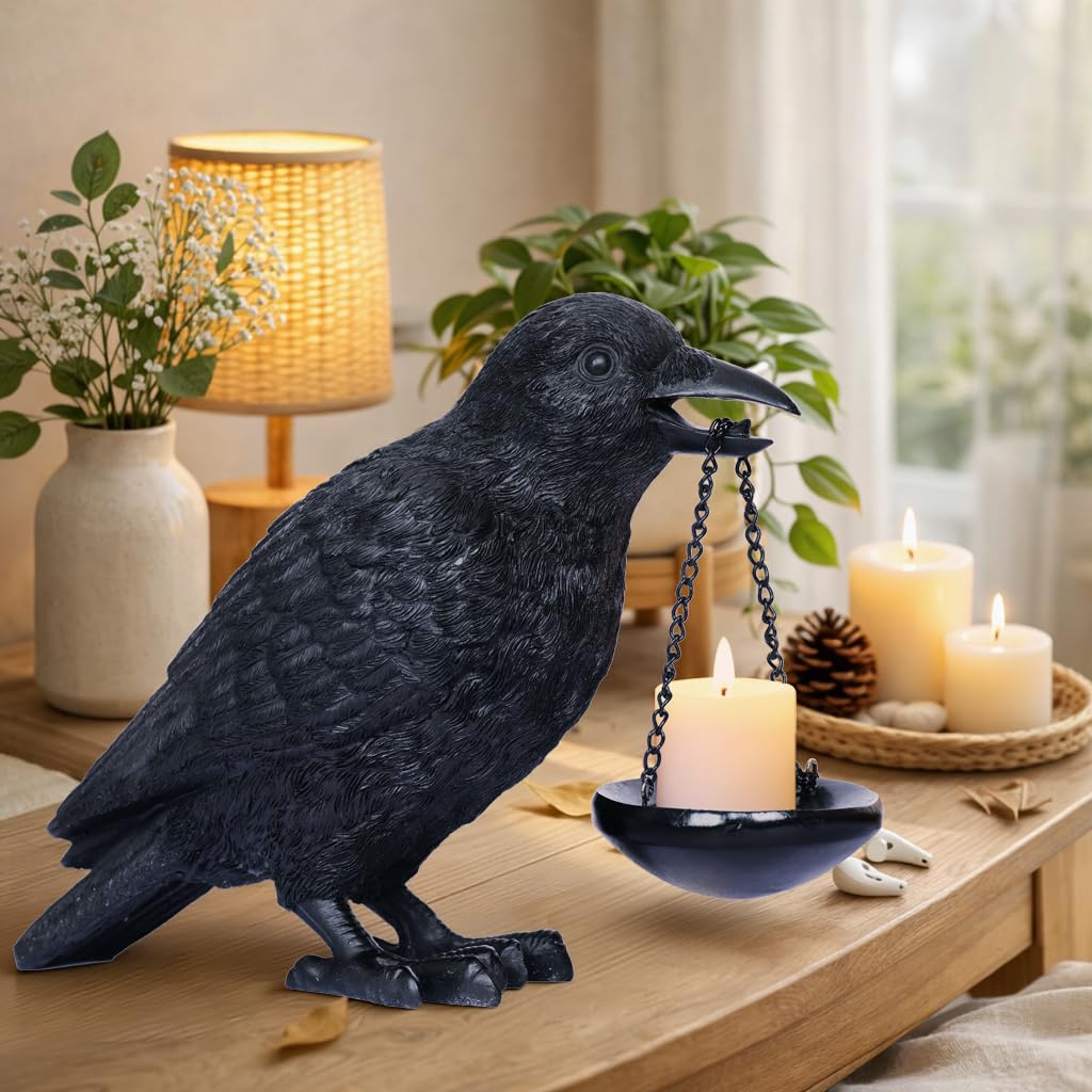 Gothic Crow Lamp with Tealight Candle Holder Raven Statue Halloween Decor Black Bird Decorations Indoor Gothic Home Decor for Living Room Tabletop Shelf Bedroom Unique Goth Witchy Gifts