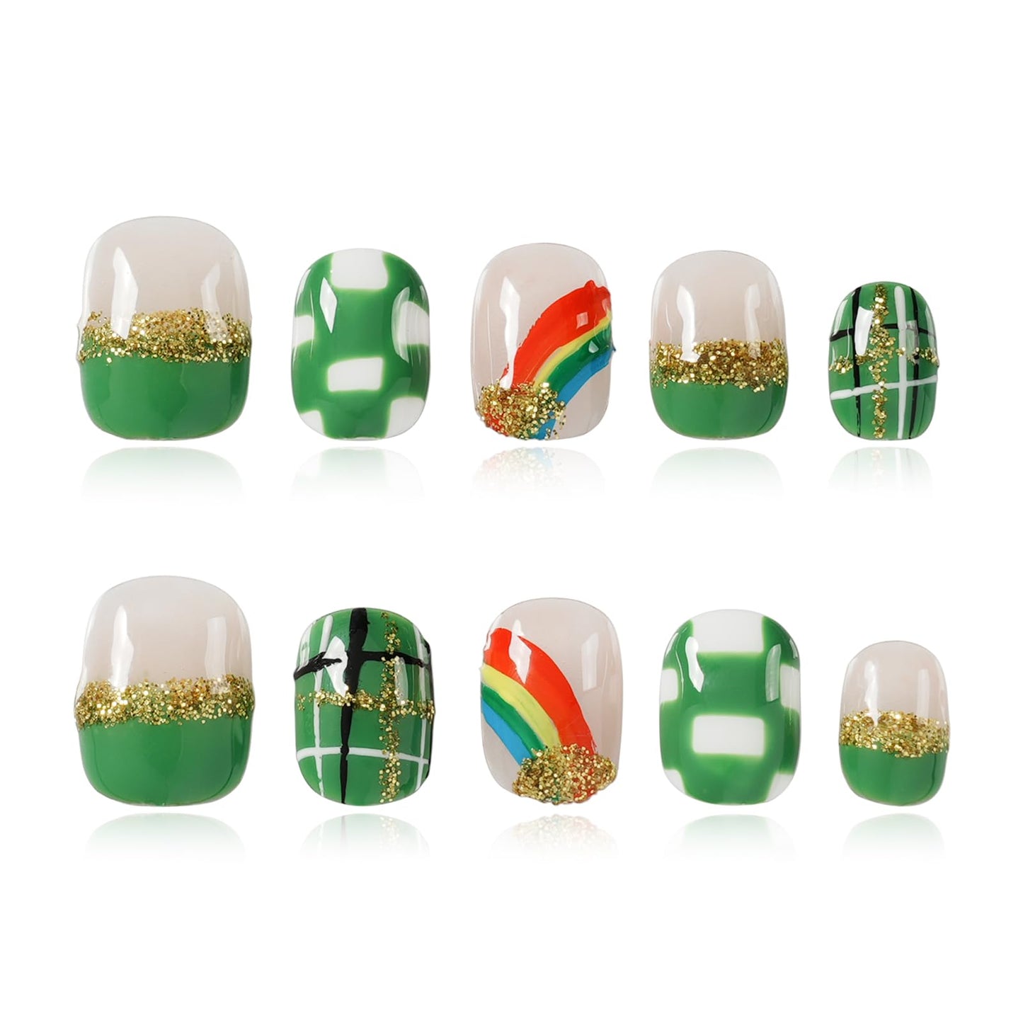 Tesytto Extra Short Press On Nails - Nude Base with Green French Tips & Gold Glitter, Hand-Painted Plaid & Rainbow,Easy to Apply & Remove (Size L)