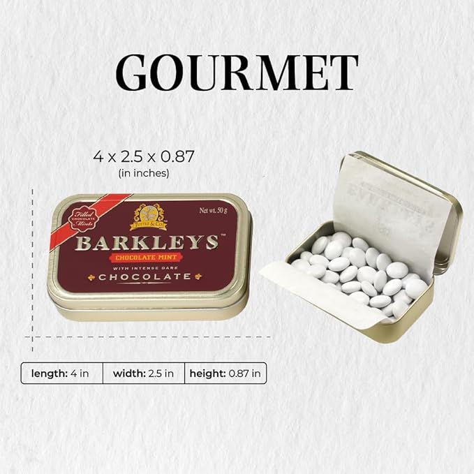 Barkleys Chocolate Breath Mints -Strong Peppermint Flavor- Chocolate Candy, Breath Freshener, After Dinner Mints In Reusable Classic Travel Tins - Vegan, 6 Pack - 50 Count Each
