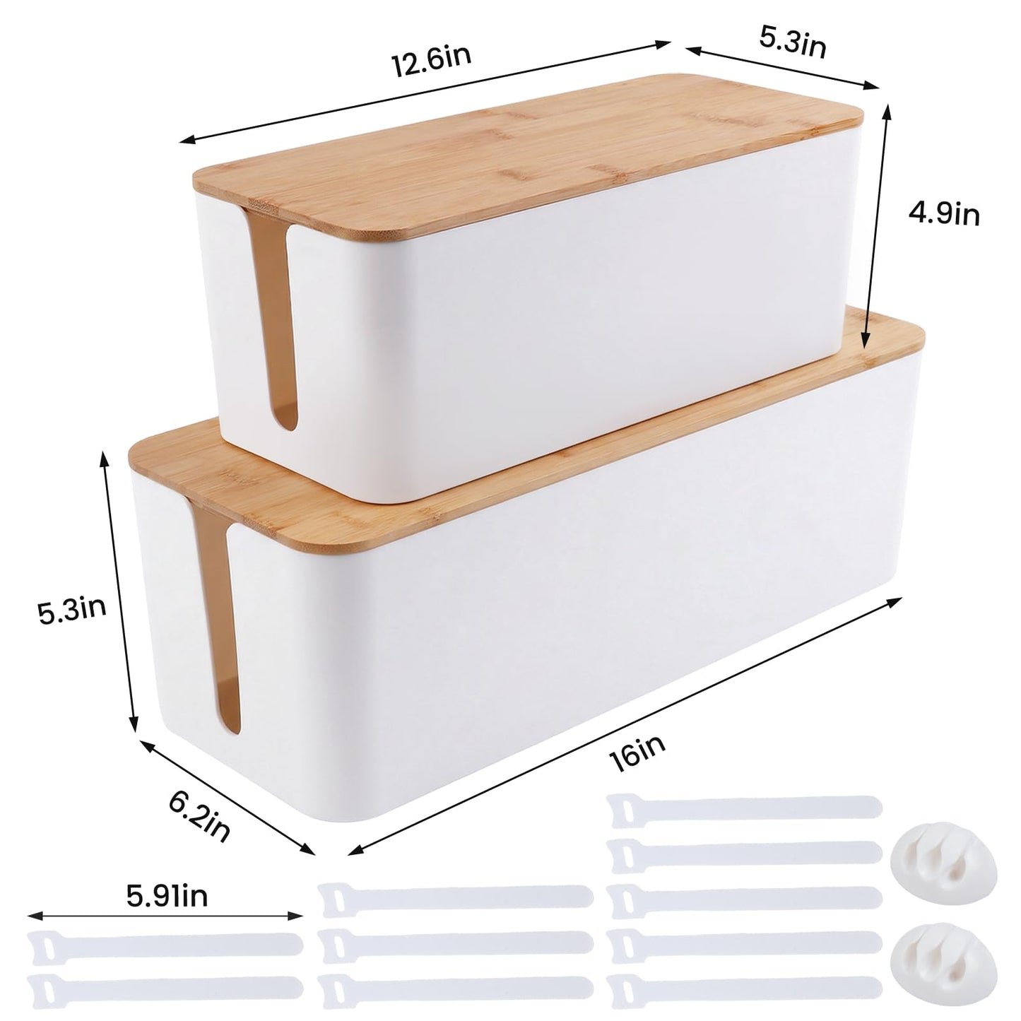 2 Pack Cable Management Box - Cord Organizer Box with Wooden Lid for TV Wires, Power Strips, Router, USB Hub & Under Desk Power: Baby & Pet Proof Cord Management, Cord Hider for Home & Office (White)