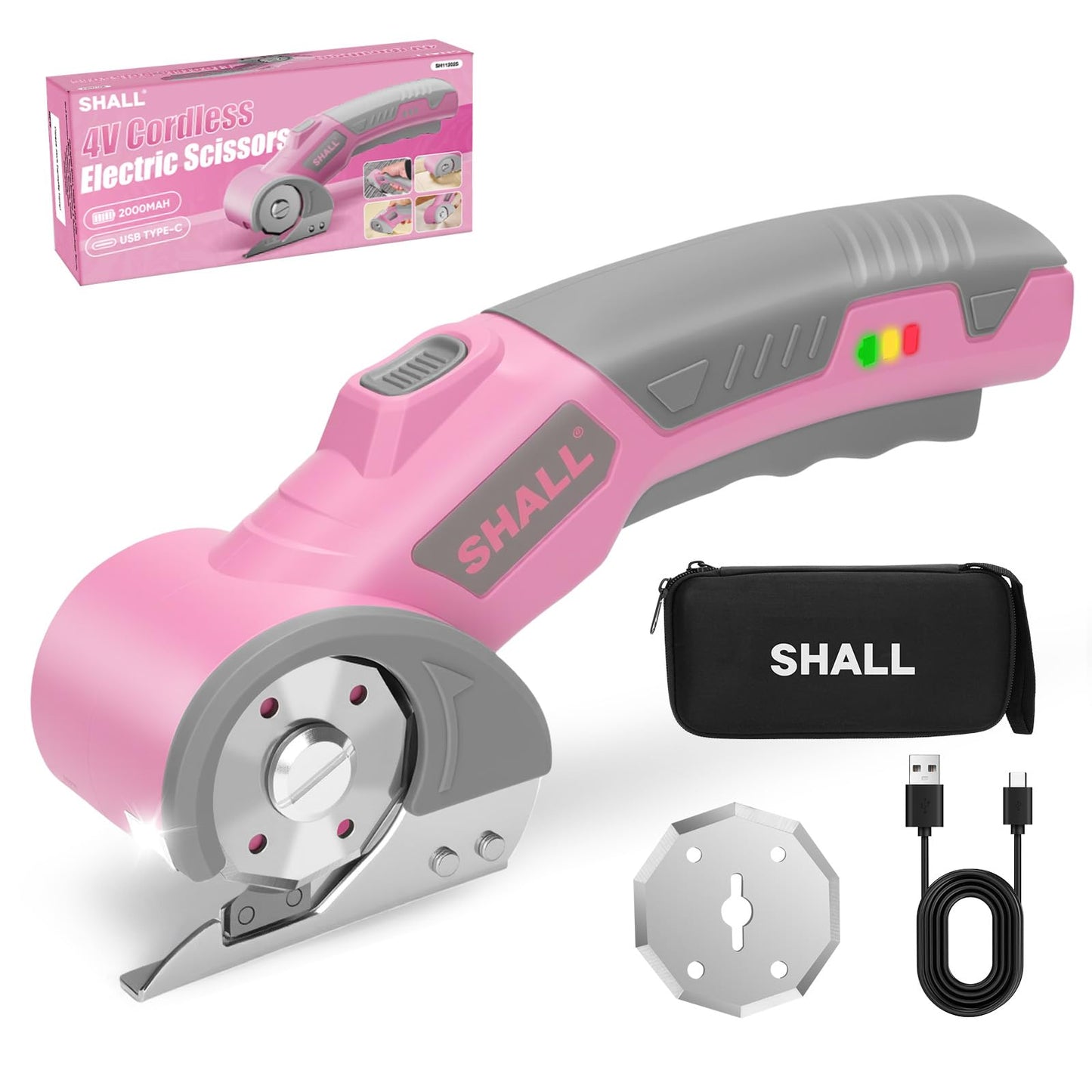 SHALL 4V Cordless Electric Scissors, Rechargeable Cardboard Cutter, Rotary Electric Box Cutter w/Safety Lock, LED Light & Replacement Blade for Fabric, Leather, Carpet, Cardboard & Plastic, Pink/Grey