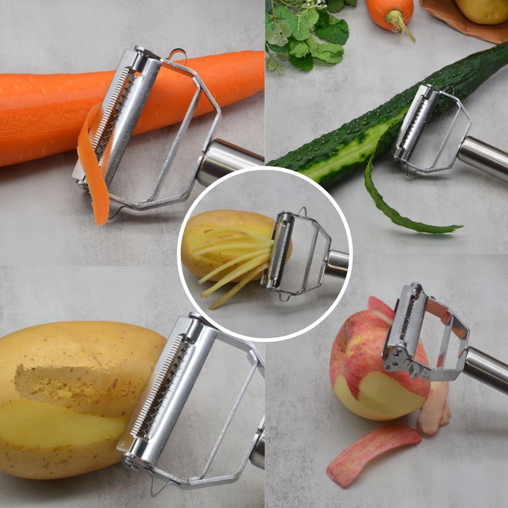 MASALACO 3-in-1 Multi-Peeler Stainless Steel Potato Masher Set,2-Piece Kitchen Tools for Peeler Vegetables,Carrots,Apple and Masher,Banans,Puree Making
